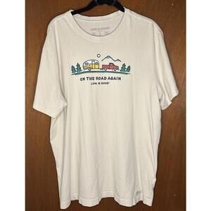 Life is Good Mens L Cream Tshirt Top On The Road Again Camping Truck Travel